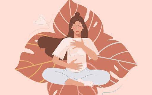 Illustration of a woman sitting cross-legged in a relaxed pose, practicing coping skills with one hand on her chest and one on her abdomen, eyes closed. Large leaves in the background add to the sense of healing and calm.