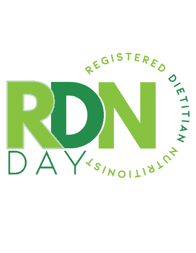 Logo with large green letters "RDN DAY" and a circular text reading "Registered Dietitian Nutritionist" on a light gray background, celebrating National Nutrition Month in March and promoting the importance of nutrition.